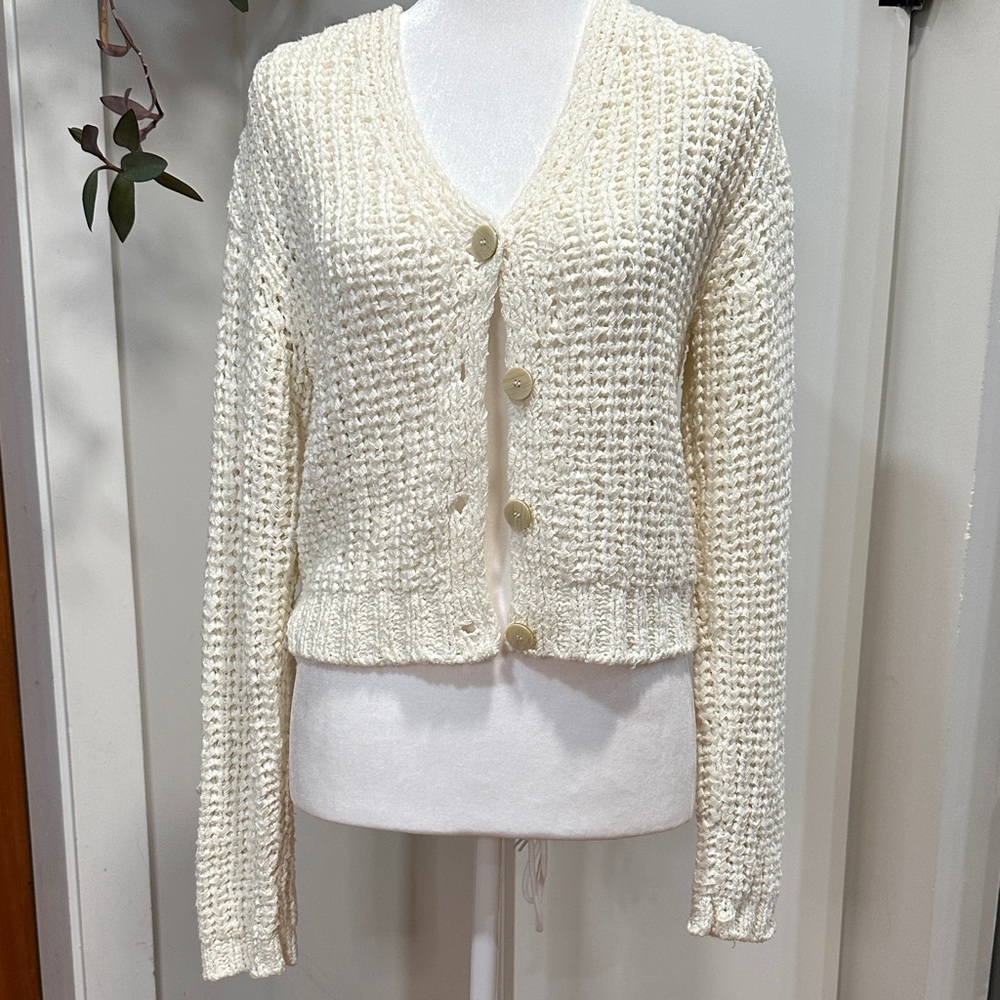 Theory Cream Button-Up Cardigan Chunky Knit Size M Cotton Blend